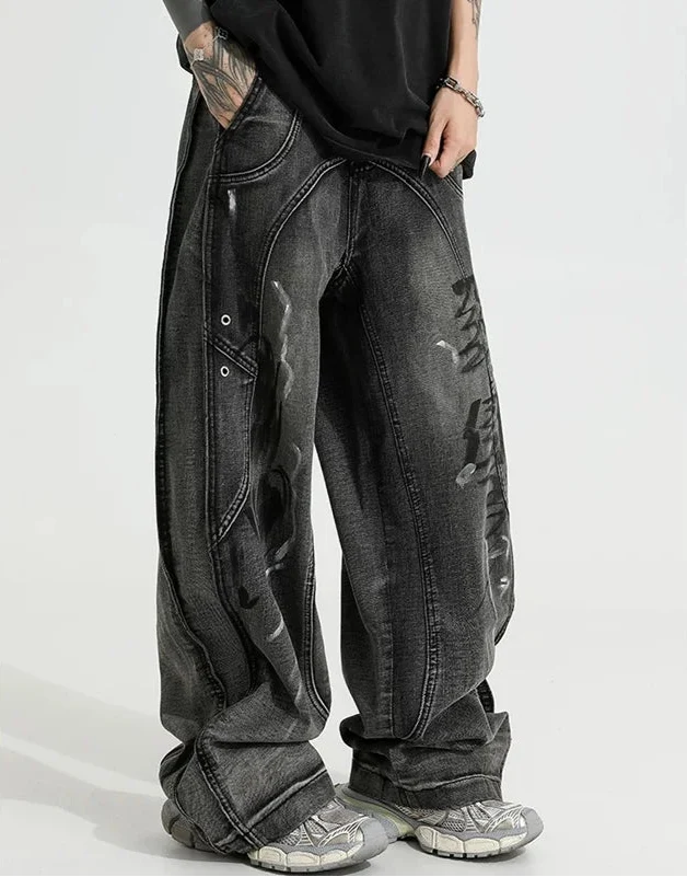 Streetwear Black Retro Vintage High Waist Wide Leg Jeans