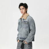 Streetwear Turn Down Fur Collar Washed Denim Jacket