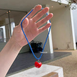 Blue Beaded Tomato Pendant Chain Necklace