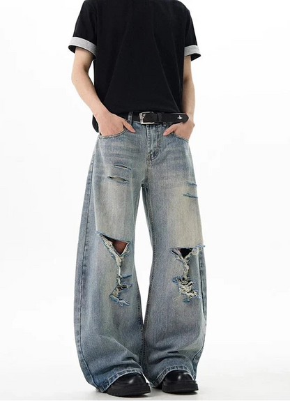 Vintage Blue Ripped Wide Leg Jeans