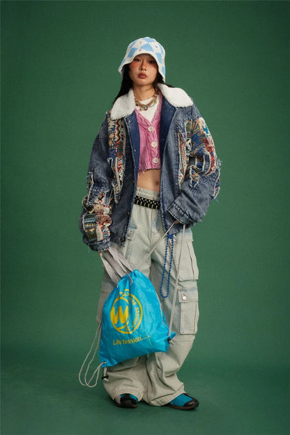 Y2K Thick Winter Patchwork Denim Jacket