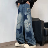 Embroidered Star Patchwork Wide Leg Jeans