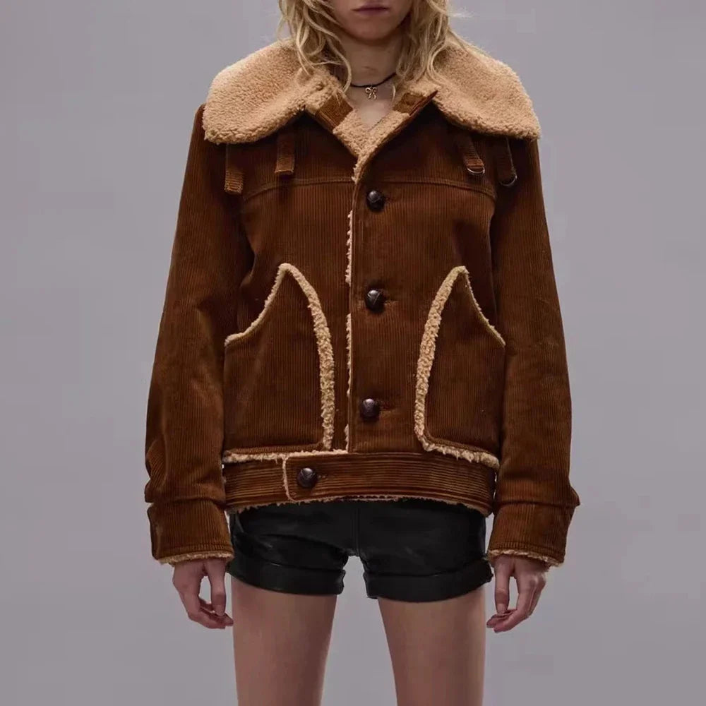 Women Solid Spliced Button Fur Jacket