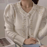 Stylish Beaded Bubble Sleeve Knit Cardigan