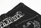 Ripped Lion Embroidery Black Denim Shorts