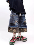 Retro Camouflage Splicing Denim Jorts