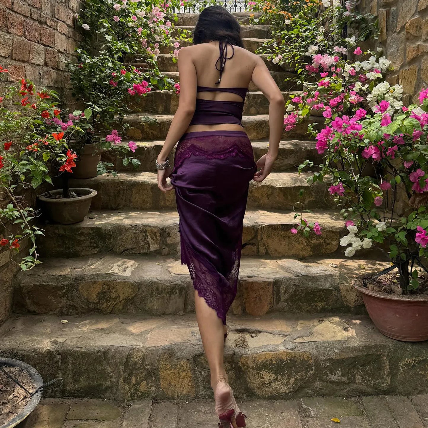 Satin Halter Top & Lace Skirt Two Piece Set