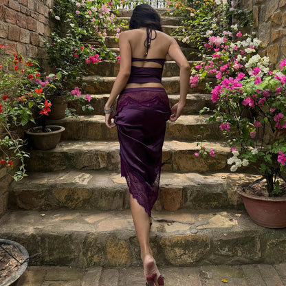 Satin Halter Top & Lace Skirt Two Piece Set