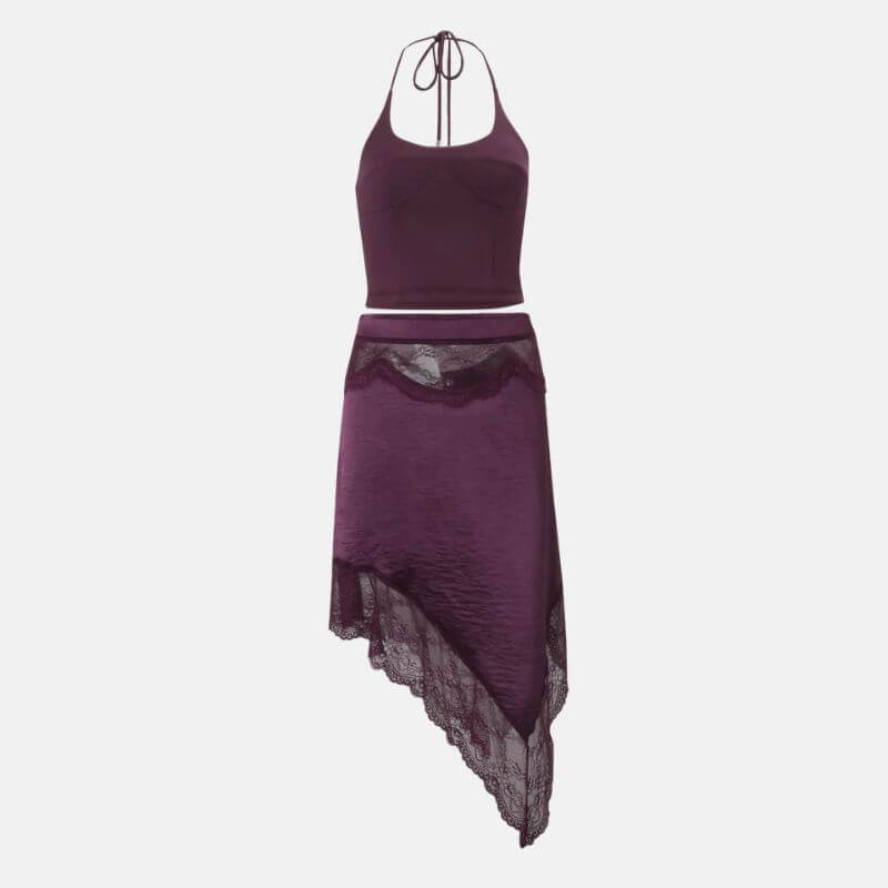 Satin Halter Top & Lace Skirt Two Piece Set