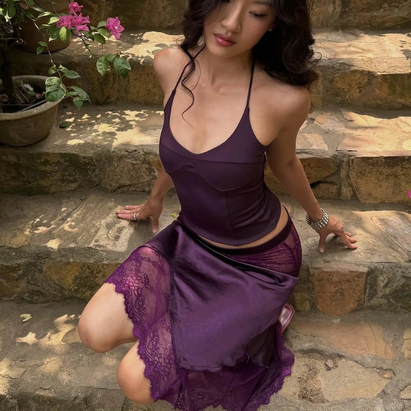 Satin Halter Top & Lace Skirt Two Piece Set