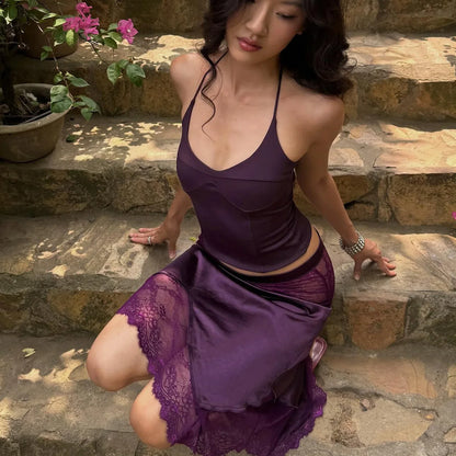 Satin Halter Top & Lace Skirt Two Piece Set