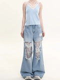 Women Vintage Lace Loose Fit Wide Jeans