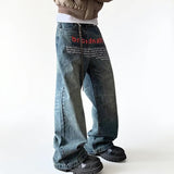 Retro Korean Letter Printed Wide Leg Jeans