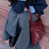 Stylish Retro Print Red Leather Tote Bag