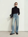 Amii Minimalism Leather Contrast Jeans