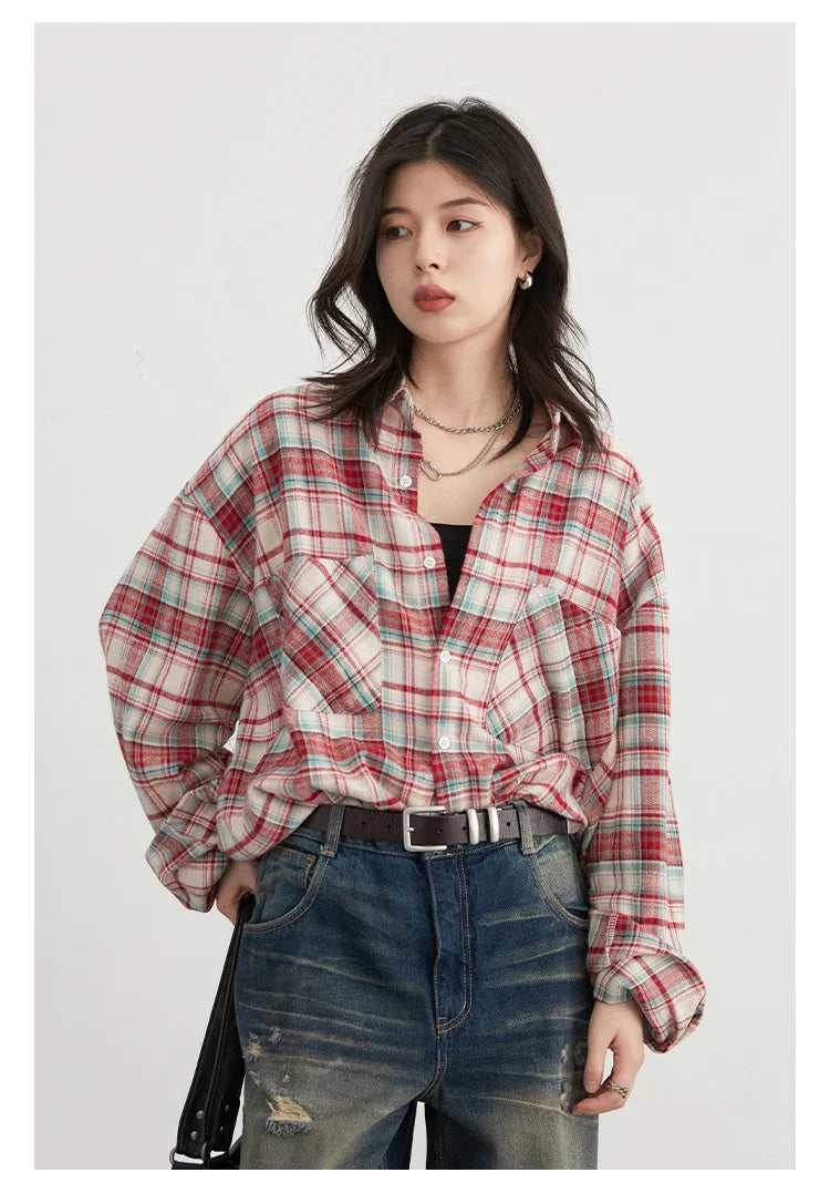Women Streetwear Cool Color Blocked Grid Chic Cotton Shirt