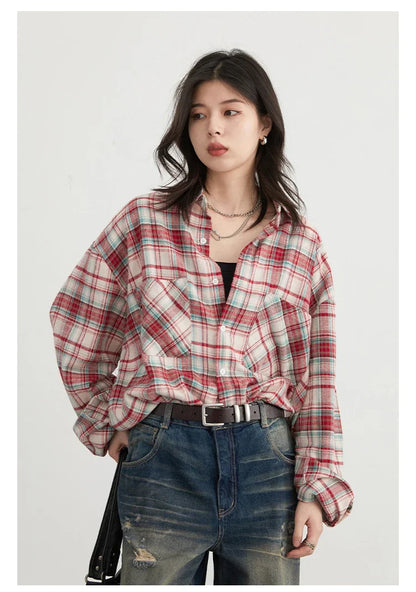 Women Streetwear Cool Color Blocked Grid Chic Cotton Shirt