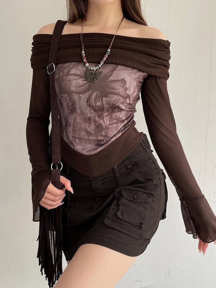 Vintage Floral Patchwork Slash Neck T-Shirt