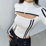 Model wearing the white Cutout Long-Sleeve Striped T-Shirt