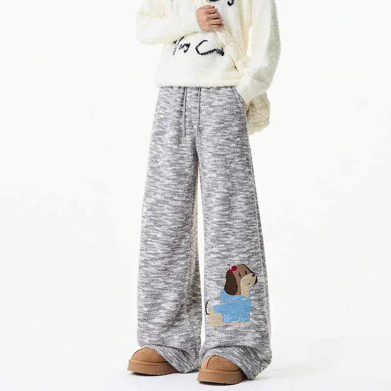 Winter Embroidery Cartoon Pattern Elastic Sweatpants