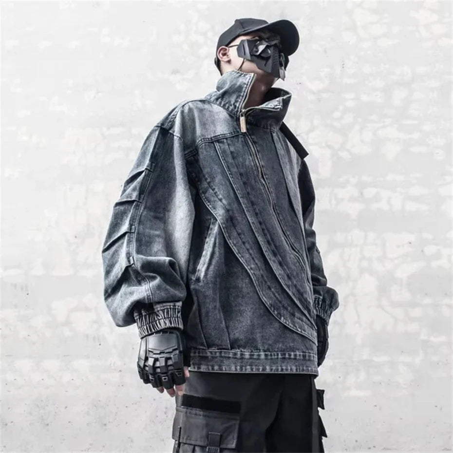 Blue Irregular Zipper Denim Jacket