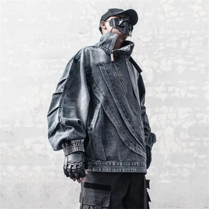 Blue Irregular Zipper Denim Jacket