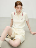 Women Contrast Color Bear Embroidered Knitted T-Shirt