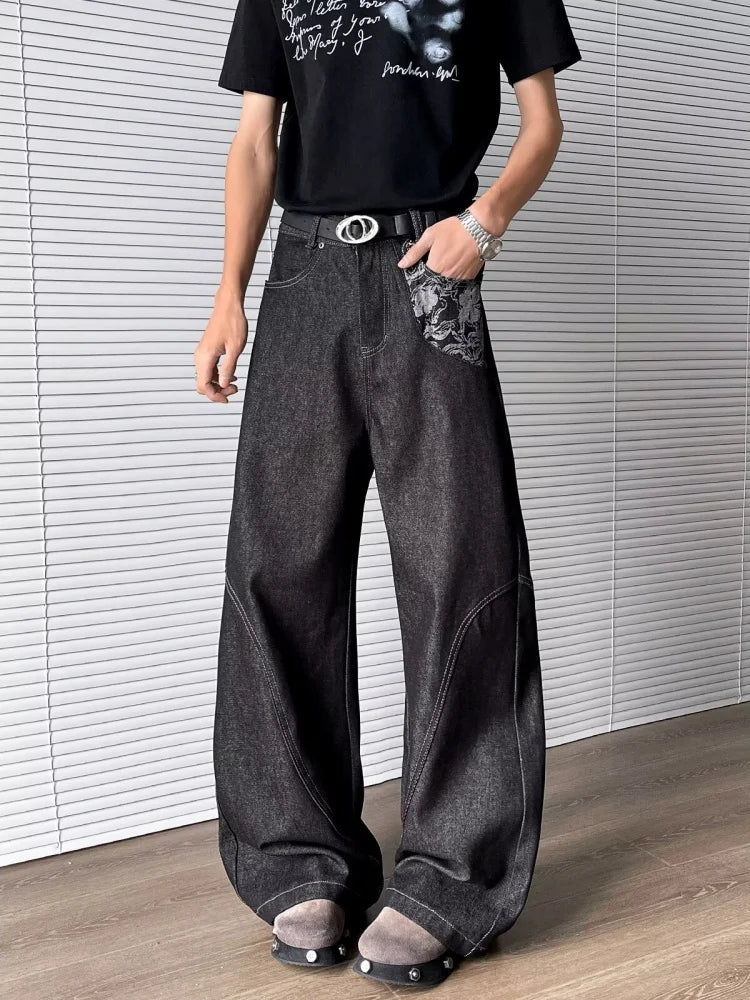 Cyber Graphic Patchwork Baggy Black Jeans