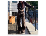 Distressed Brown PU Leather Wide Leg Pants