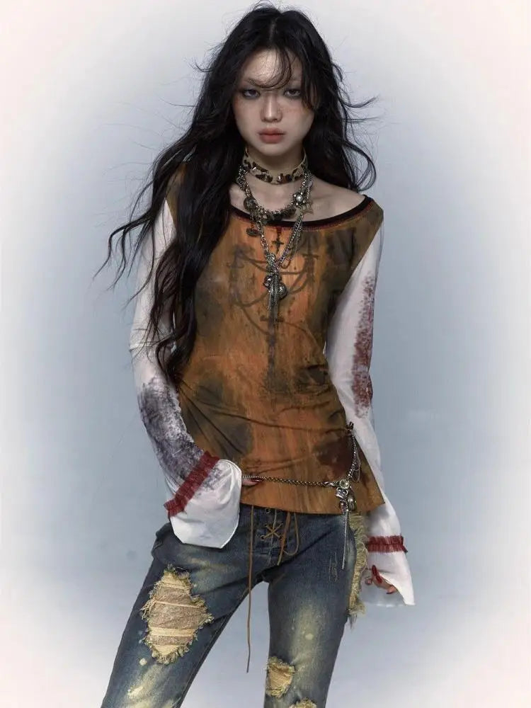 Gothic Patchwork Mesh Long Sleeve T-Shirt