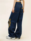 Womens Retro Flame Loose Ripped Jeans