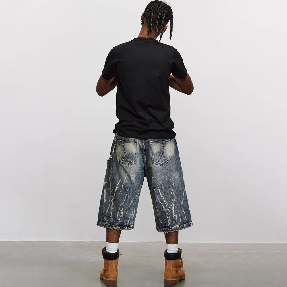 Lightning Pattern Washed Cropped Denim Jorts