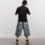 Lightning Pattern Washed Cropped Denim Jorts