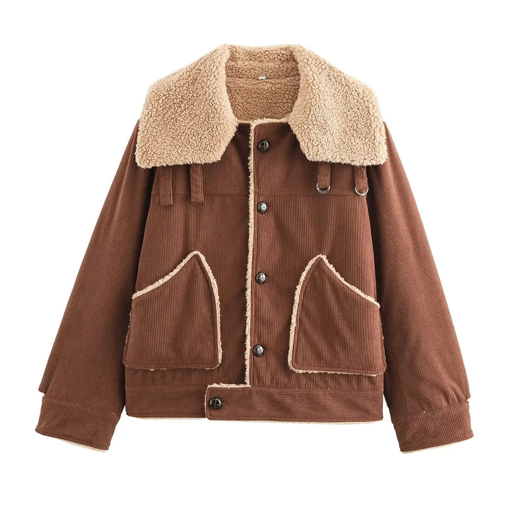 Women Solid Spliced Button Fur Jacket