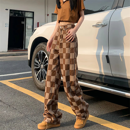Brown Plaid High-waist Women's Pants