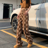 Brown Plaid High-waist Women's Pants