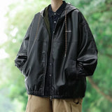 Streetwear Trendy Drawstring Leather Hooded Jacket