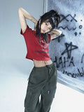 Model wearing the red Cropped Graphic T-Shirt