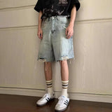 Retro Washed Solid Color Ripped Denim Short
