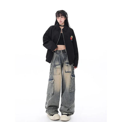 Women Cute Trendy High Waist Wide Leg Blue Jeans