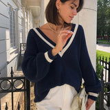 Women Casual Contrasting V Neck Patchwork Sweater