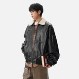 Patchwork Padded Faux Fur Collar Leather Jacket