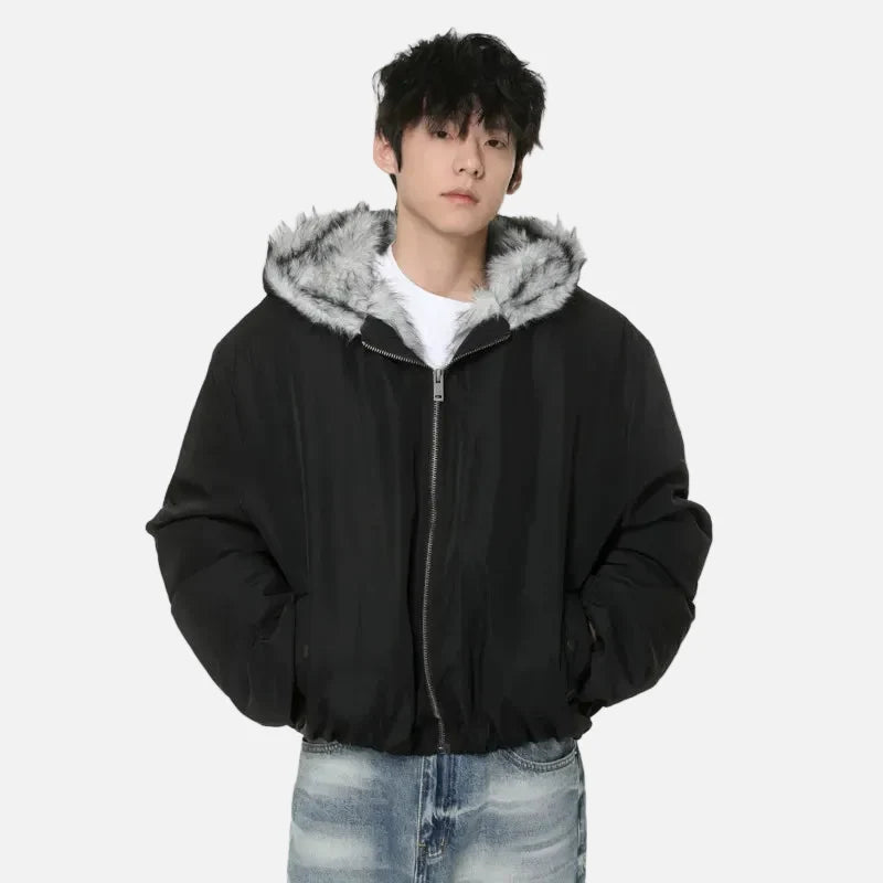 Retro Solid Color Thicken Hooded Fur Jacket