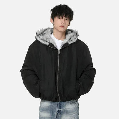 Retro Solid Color Thicken Hooded Fur Jacket