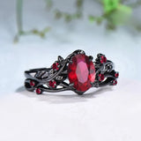 Exquisite Black Round Flower Red Stone Ring