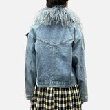 Stylish Mongolian Faux Fur Collar Denim Jacket