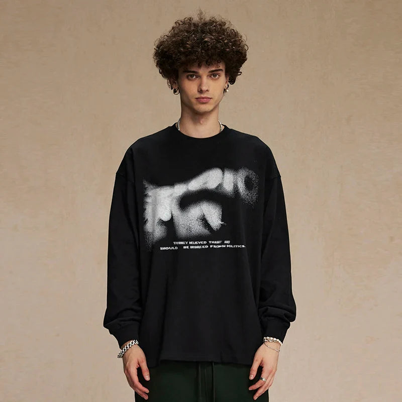 Blurred Letters Graphic Black Long Sleeve T-Shirt