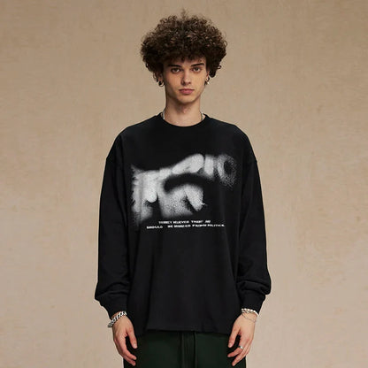 Blurred Letters Graphic Black Long Sleeve T-Shirt