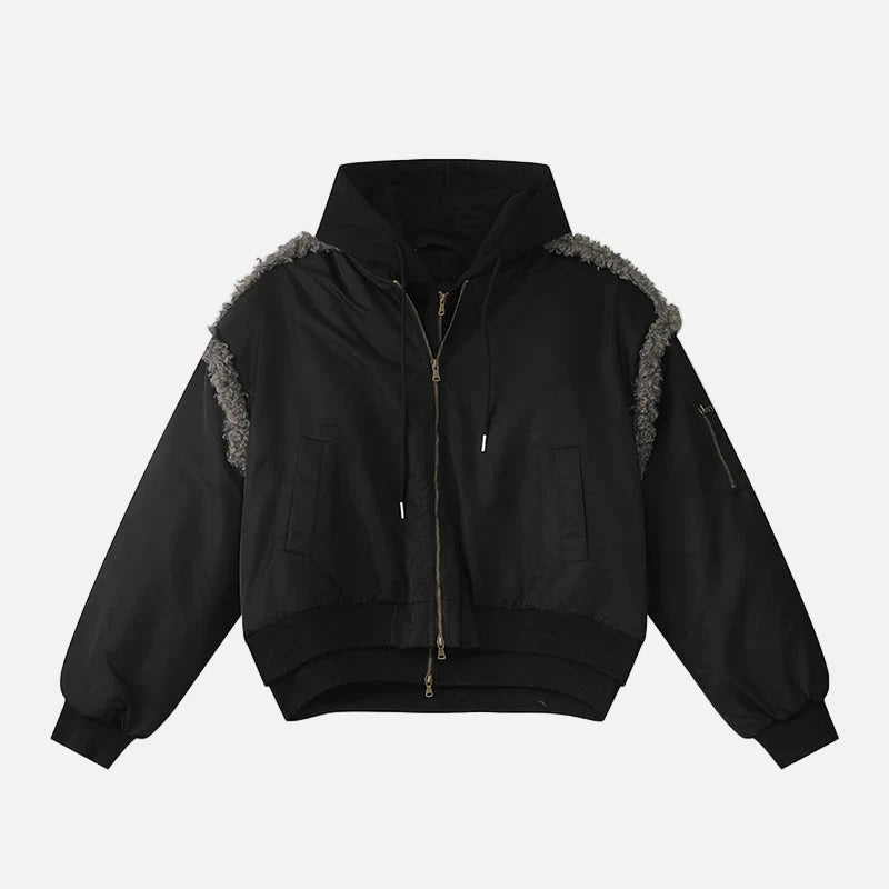 Stylish Patchwork Frayed Hooded Baseball Jacket