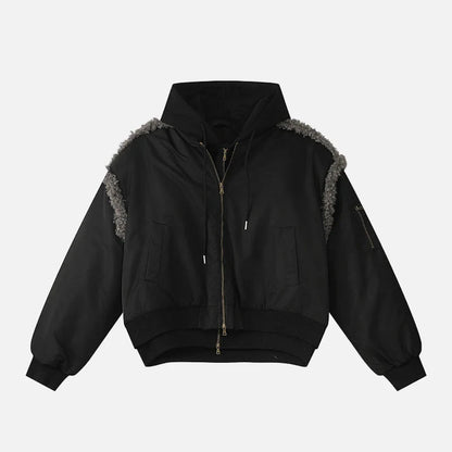 Stylish Patchwork Frayed Hooded Baseball Jacket